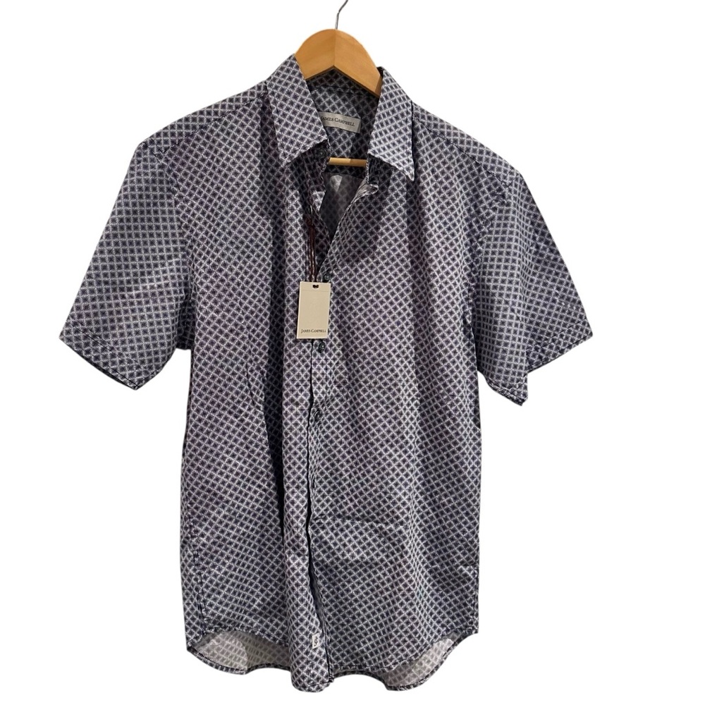 James Campbell Navy Diamond Short Sleeve Button Up Top Size‎ Medium NWT